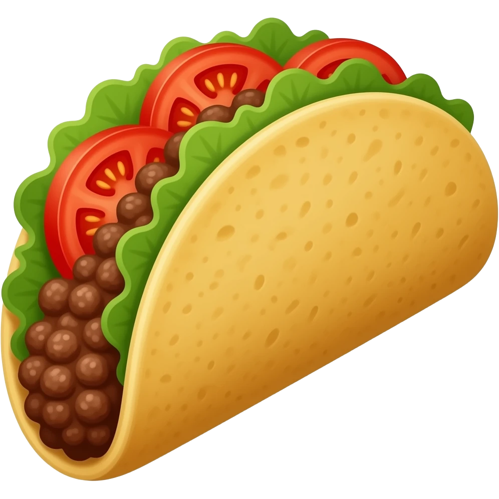 classic beef taco with taco shell, beef and tomato slices, glossy juicy cartoon food render, chunky shapes, smooth shading, vibrant colors, emoji style, mobile game icon, centered, transparent background emoji