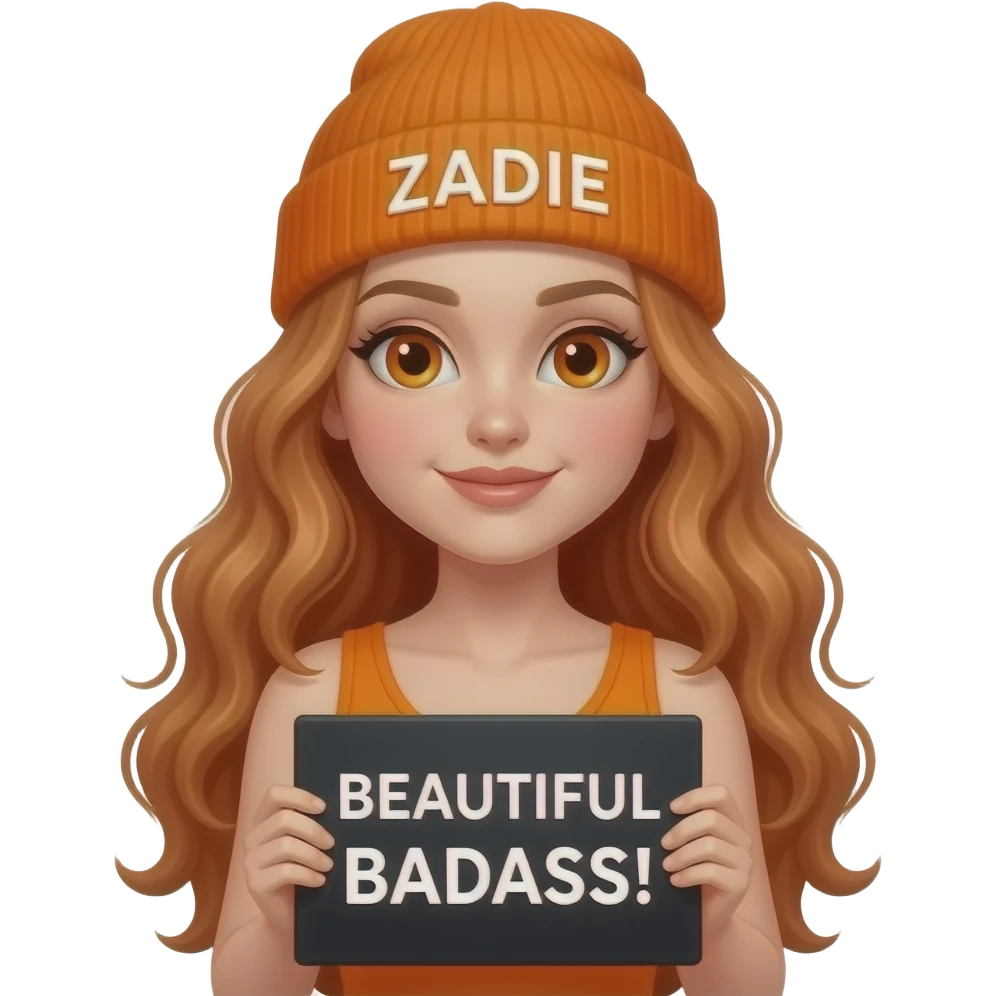 sexy girl with overlong wavy ginger hair and ginger eyes wearing a orange tanktop and a orange beanie with ZADIE written on it, is holding a black sign with BEAUTIFUL BADASS! written on it emoji