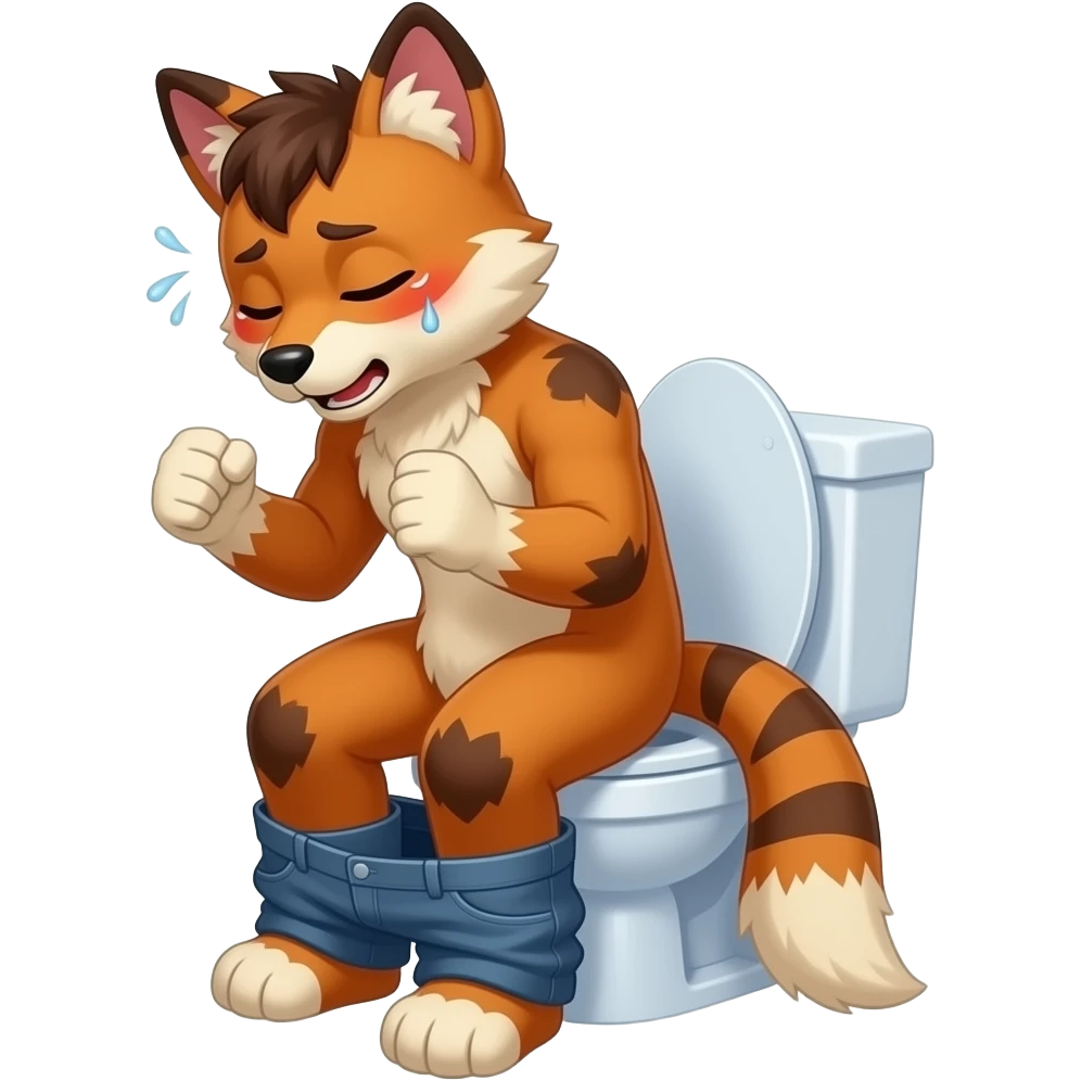 fursuit sitting on toilet, pants down, side view , both fists , uncomfortable, squeezing, straining, sweating, red cheeks, eyes closed emoji