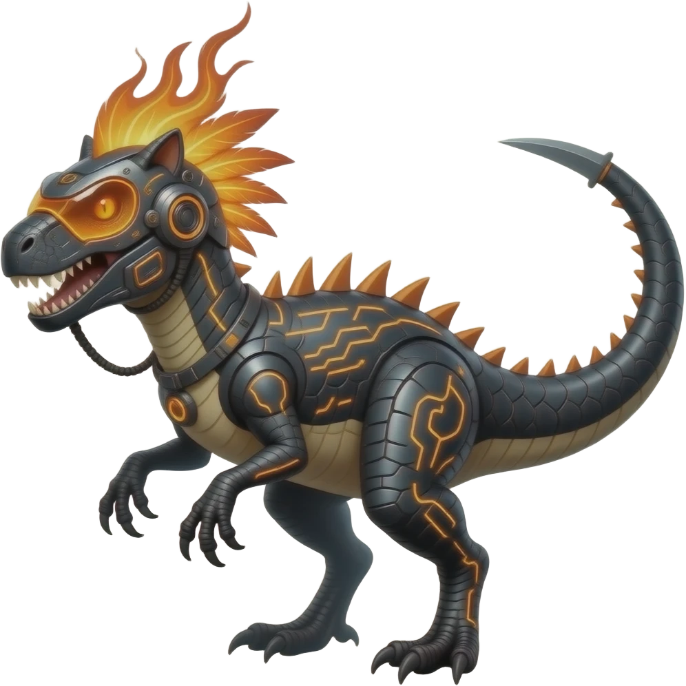 Cool edgy fiery cybernetic electrical visor-helmeted, Circuitry-patterned black-scaled digitigrade futuristic raptorik fantasy-Cyberpunk-Steampunk-Solarpunk-Genesect-Salamence-Cyclizar-Salazzle-Feraligatr-Fakémon-animal-hybrid, with neon feather-mane, and a tail blade, back spikes emoji
