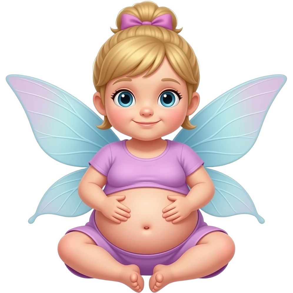 A baby girl fairy,she a very hugely fat belly,she is so stuffed that she has to sit,she could almost roll,rubbing her full bellybutton so she will cutely do a good belly show & tell. emoji