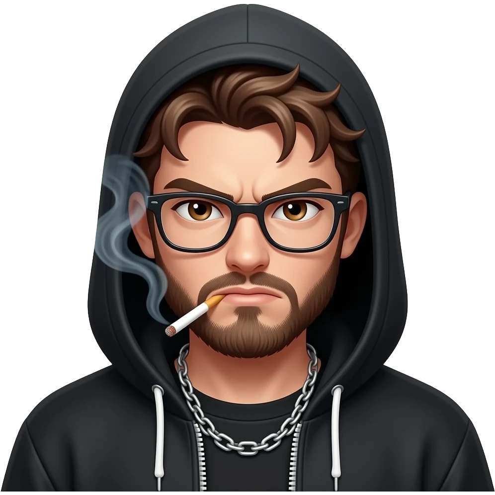 Brown hair long emo, black hoddie, angry boy,glasses, cigarett, beard, brown eyes, chain emoji