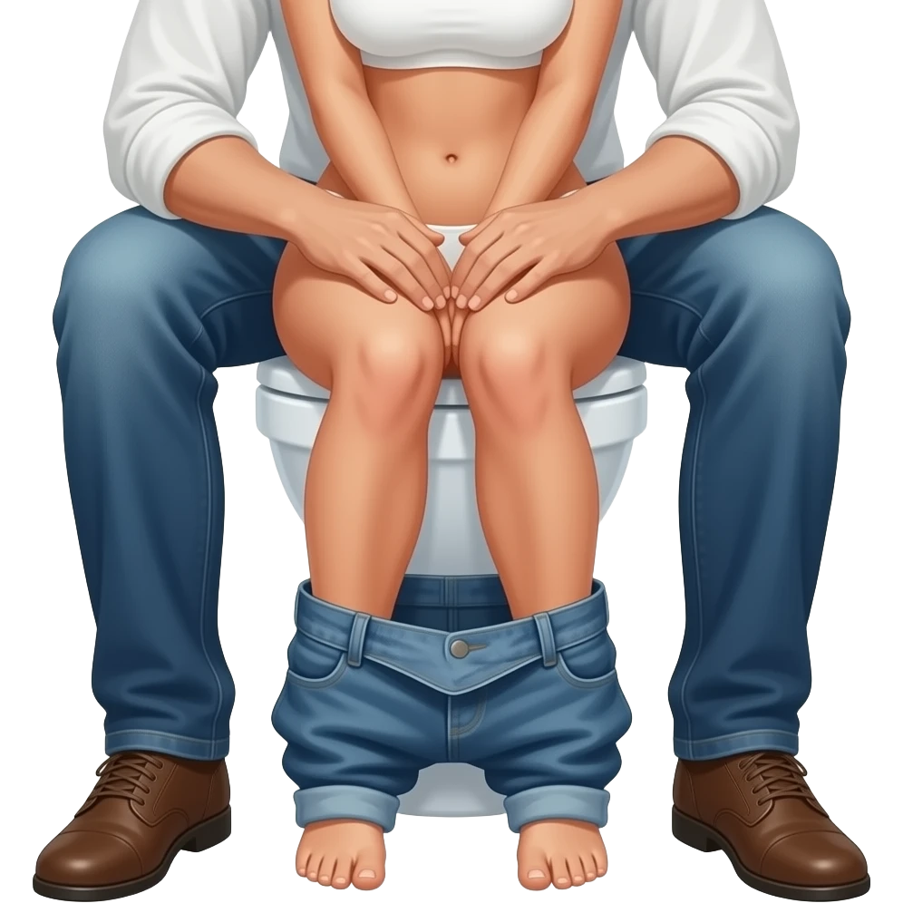 Woman nude on toilet open legs, man between her feet emoji