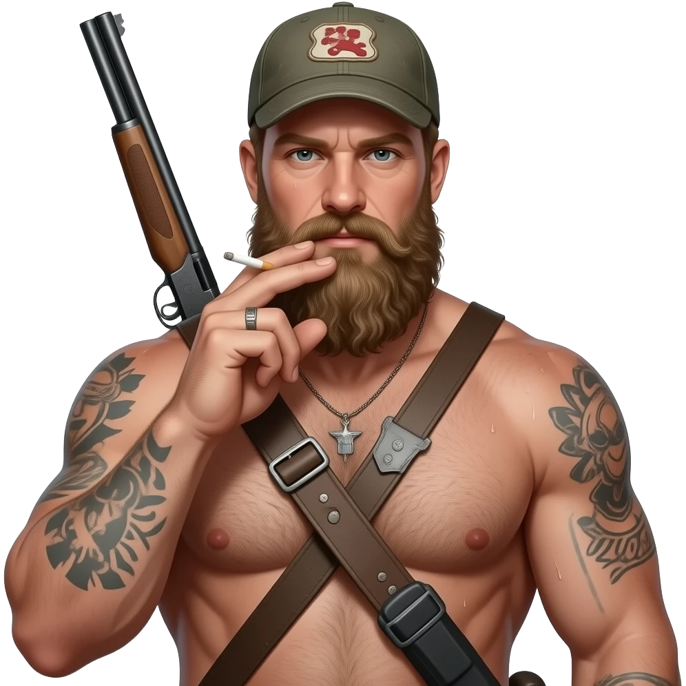 Portrait von einem nackten, typischen redneck mit alten cap und tattoos. Er ist maskulin, behaart. Seine Haut ist staubig und verschwitzt. Er raucht eine Joint und hat eine Schrotflinte um seinen Rücken umgehängt. Er hat ein ungepflegten, zottligen lange Bart. emoji