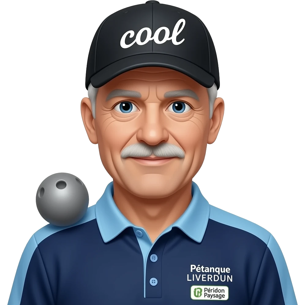 tête homme 70 ans sous casquette noire marquée "cool" avec boule de pétanque grise sur maillot bleu foncé avec col trois boutons bleu clair avec épaules seules bleu clair coté droit Pétanque LIVERDUN, côté gauche "Péridon Paysage" emoji