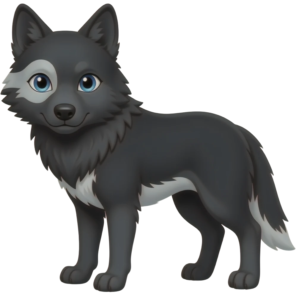 black wolf with blue eyes and a greyish white stripe over the left eye around the eye,  and a bit of white on theunderbelly and tail emoji
