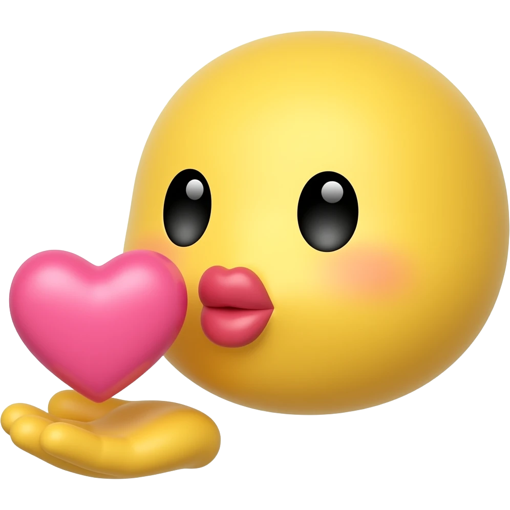 Cute blowing kiss 😘 emoji, yellow round face, puckered lips, small hand blowing a kiss, floating pink heart, playful expression, face and hand only, simple apple emoji style emoji