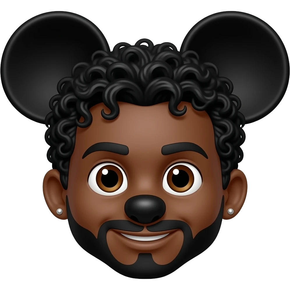 black mickey mouse, brown skin, black curly hair, brown eyes, and silver stud earrings, black goatee emoji