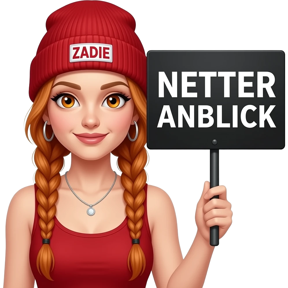 sexy girl with overlong ginger braids and ginger eyes wearing a red tanktop and a red beanie with ZADIE written on it, is holding a black sign with NETTER ANBLICK written on it emoji