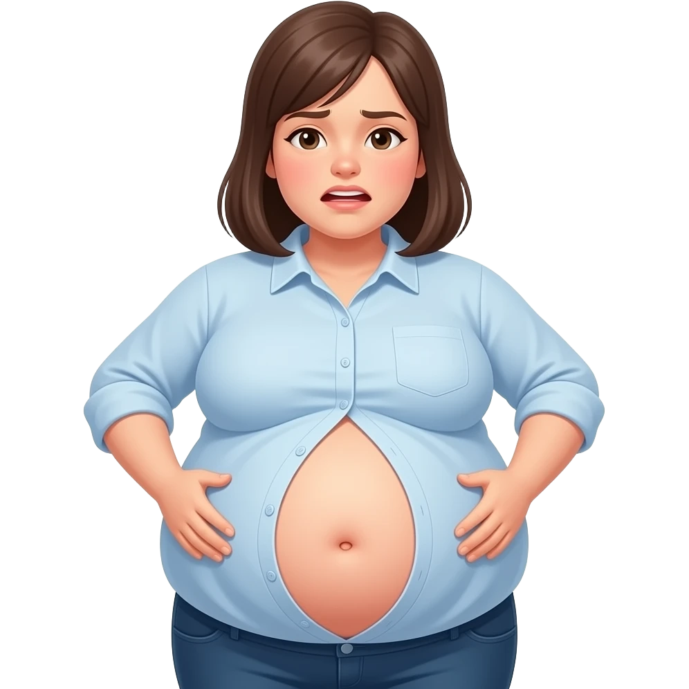 a girl with a huge stomach that is full to bursting,so bloated that she gets a tummyache,her bellybutton is poking out and her shrunk tight shirt buttonholes are at breaking point. emoji