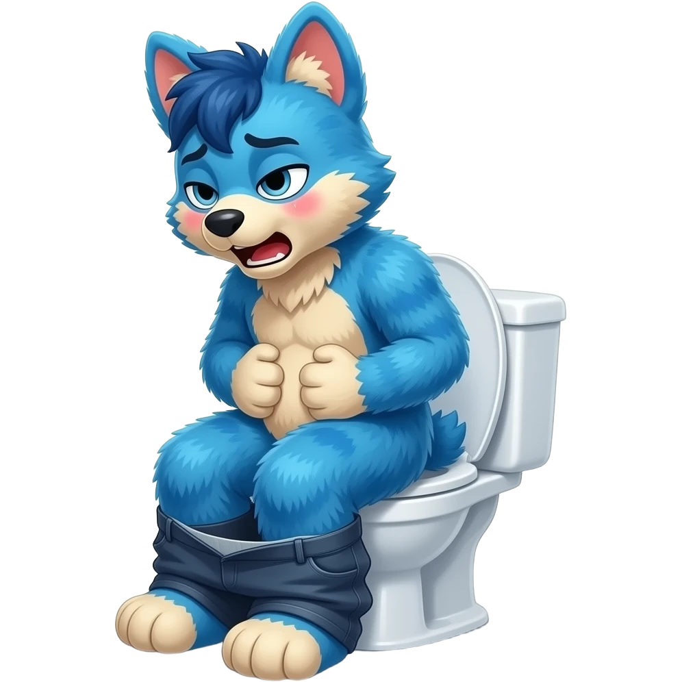 blue fursuit sitting on toilet, side view, pants down, straining face, blushing face, pain, pushing, both hands on stomach, discomfort, grunting emoji