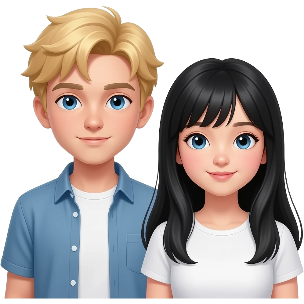 A teen boy with blonde hair and blue eyes, cool, cute, kind, handsome and beside her is a teen with long black hair and Chinese super beautiful emoji