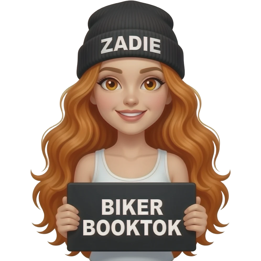 TEXT_sexy girl with overlong wavy ginger hair and ginger eyes wearing a white tanktop and a black beanie with ZADIE written on it, is holding a black sign with BIKER BOOKTOK written on it emoji