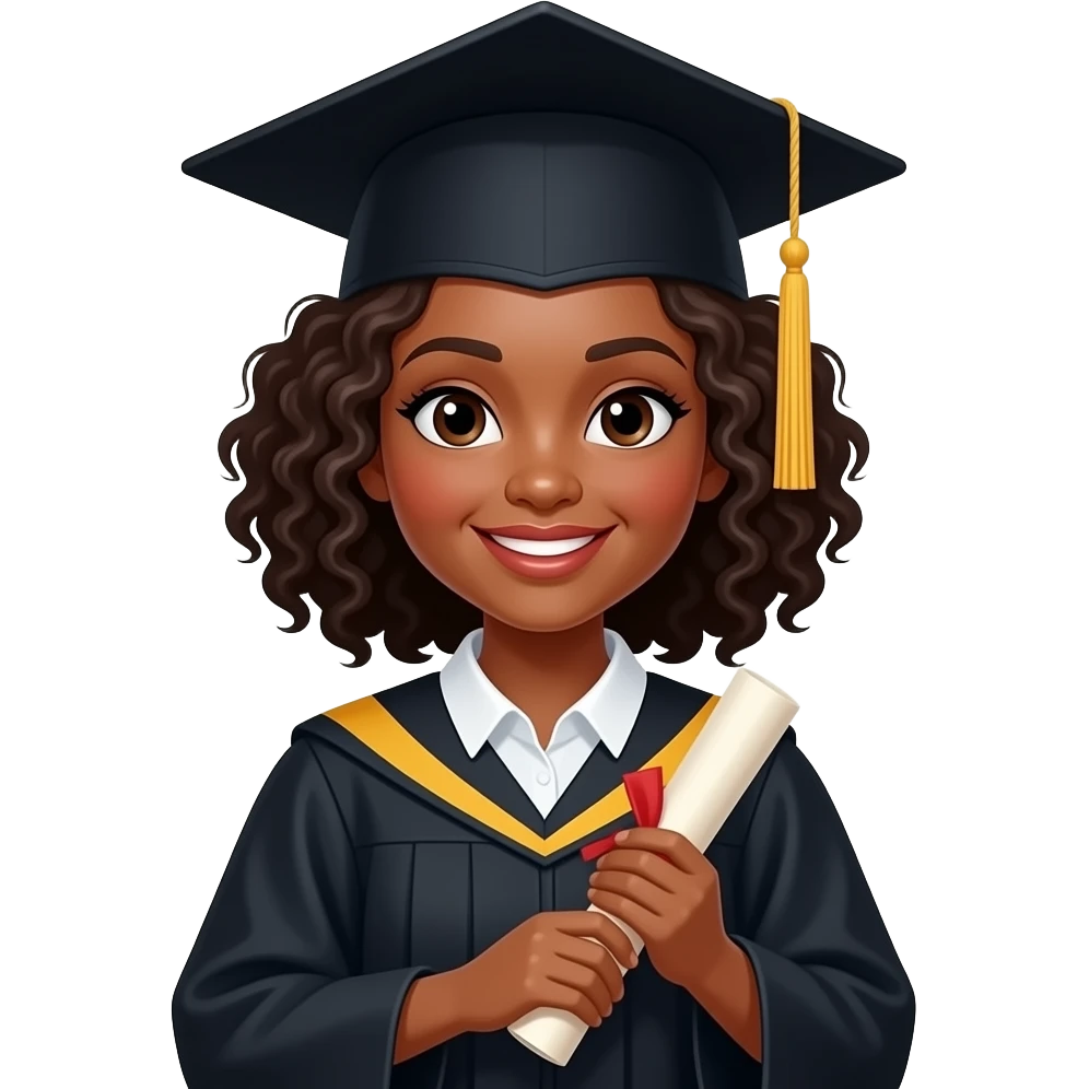 Graduating black girl with curly hair, emoji