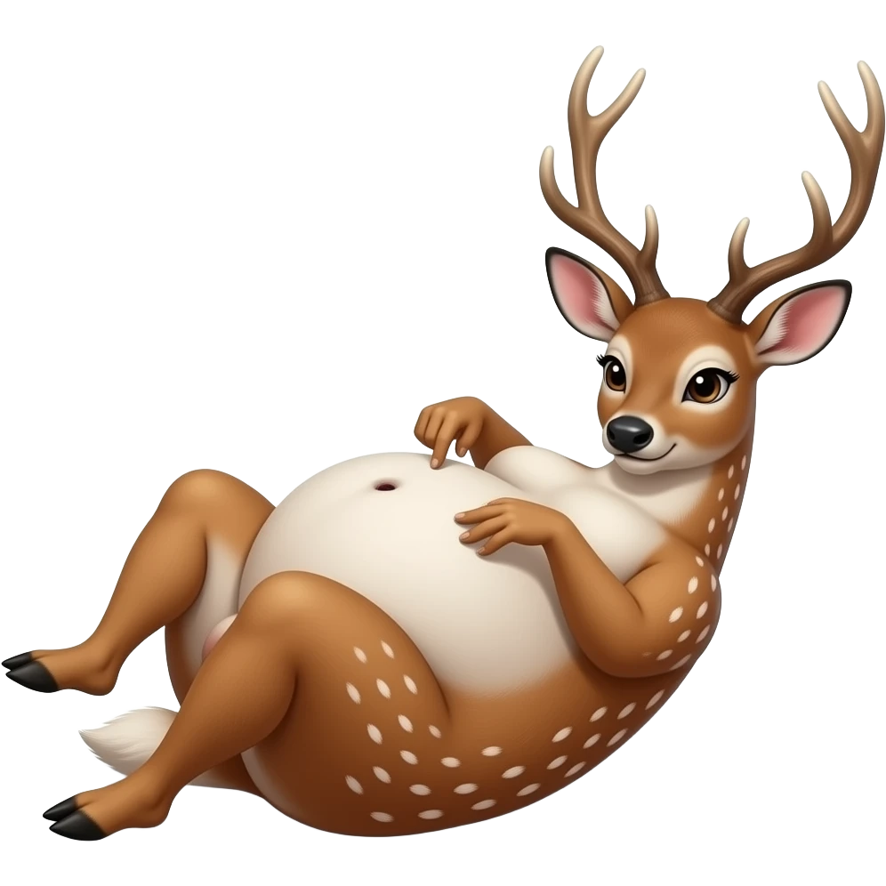 A female deer/doe is sprawling on her back unable to move,she got stuck by her own massive obese tummy,couldn’t even try defend her bellybutton from fingering tickling pokers,she is that Fat,She is too full for fun right now,that deer is going to pop. emoji