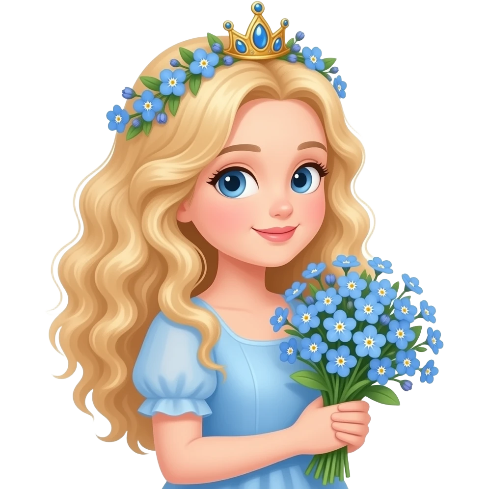 “Cute kawaii emoji of a blonde curly-haired girl wearing a crown of forget-me-not flowers (myosotis), holding a bouquet of forget-me-nots, pastel blue and lavender tones, soft chibi sticker style, white or transparent background, with the text ‘forget me not’ written aesthetically on the side.” emoji