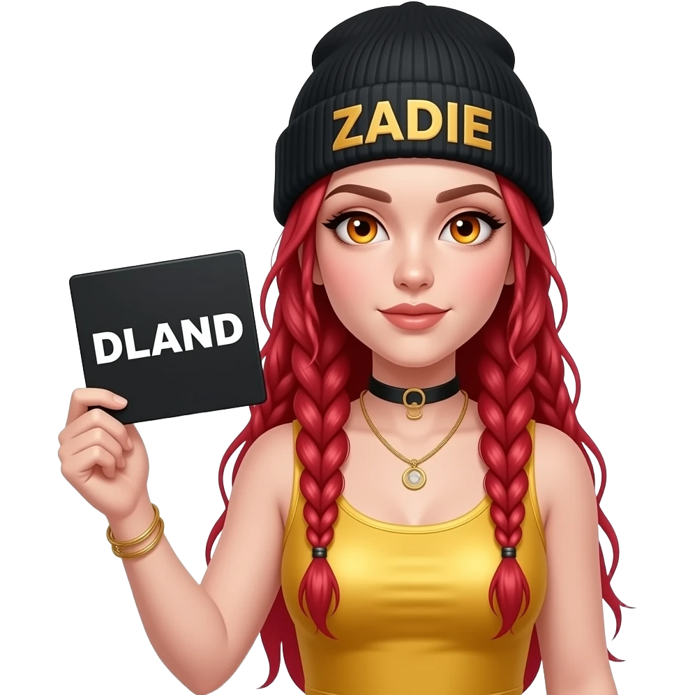 sexy girl with overlong neon red braids and ginger eyes wearing a gold tanktop and a black beanie with ZADIE written on it, is holding a black sign with DLAND written on it emoji