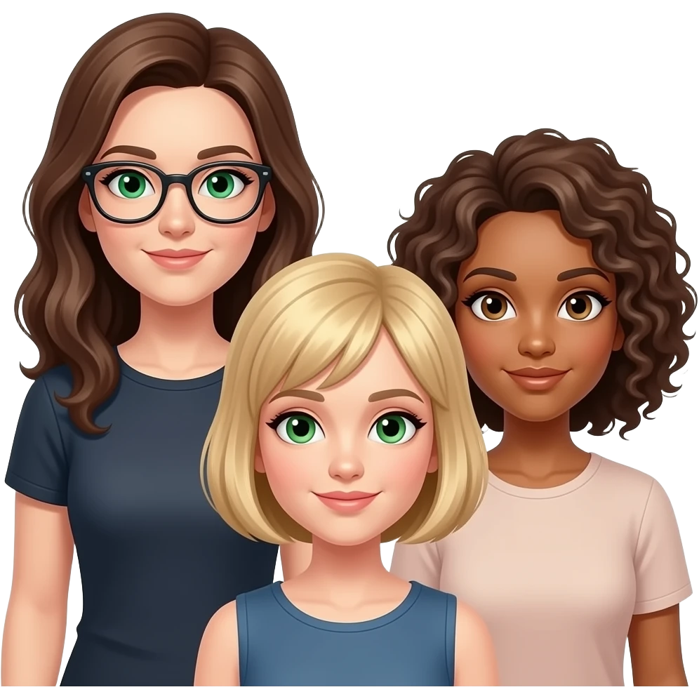 Tres amigas, una alta con pelo castaño, ojos verdes y gafas. Otra con pelo corto, rubio y ojos verdes y una con ojos y pelo marrón y el pelo rizado emoji