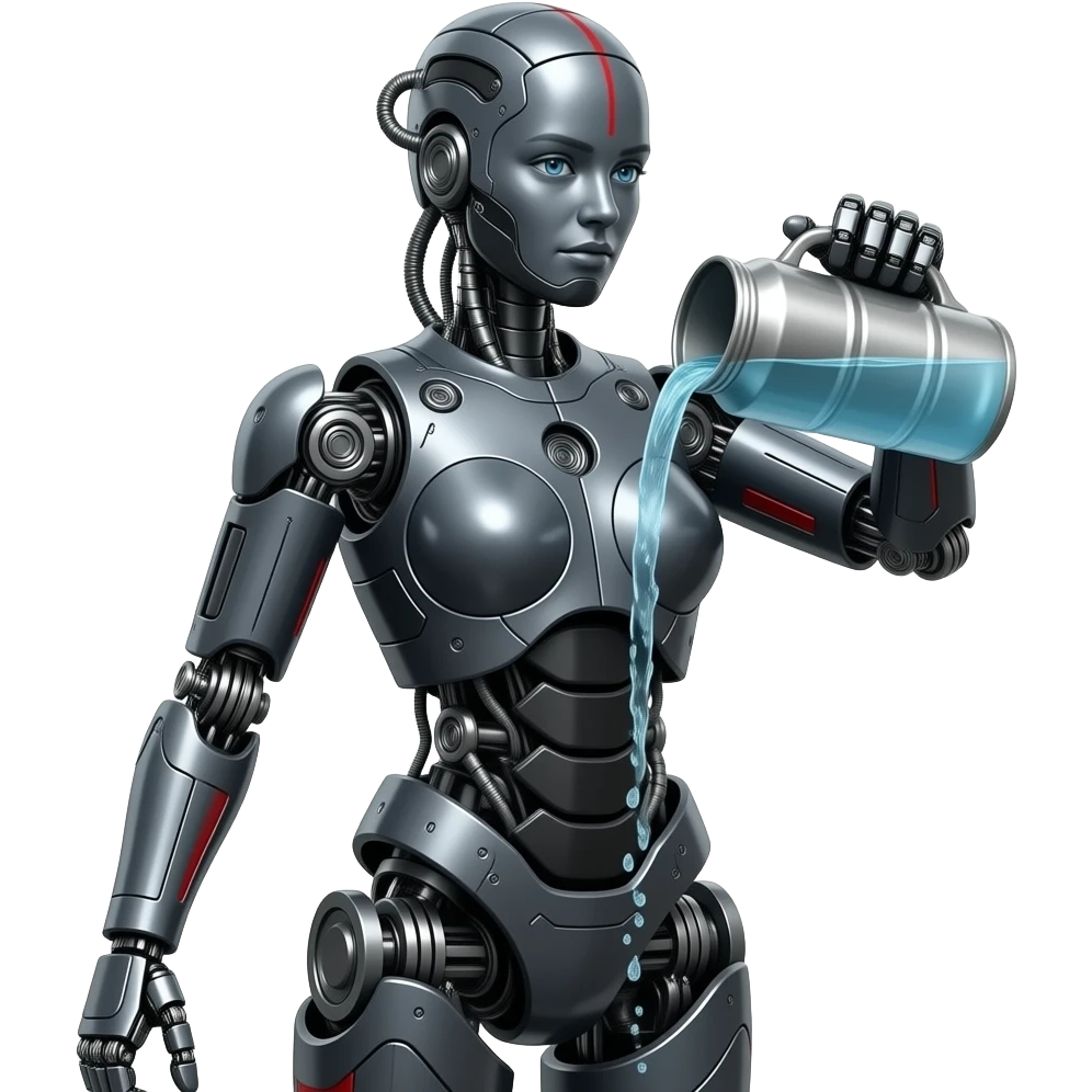 Mechanical female robot made of dark gray metal with black and red markings Pouring water from a steel container, full length body, no human features, robot face, robot head emoji
