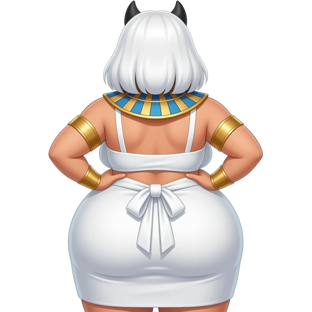 Anime extremely fat big booty a white hair female creature cosplaying Egyptian girl showing back her buttocks with putting her hands behind her back with her white dress emoji