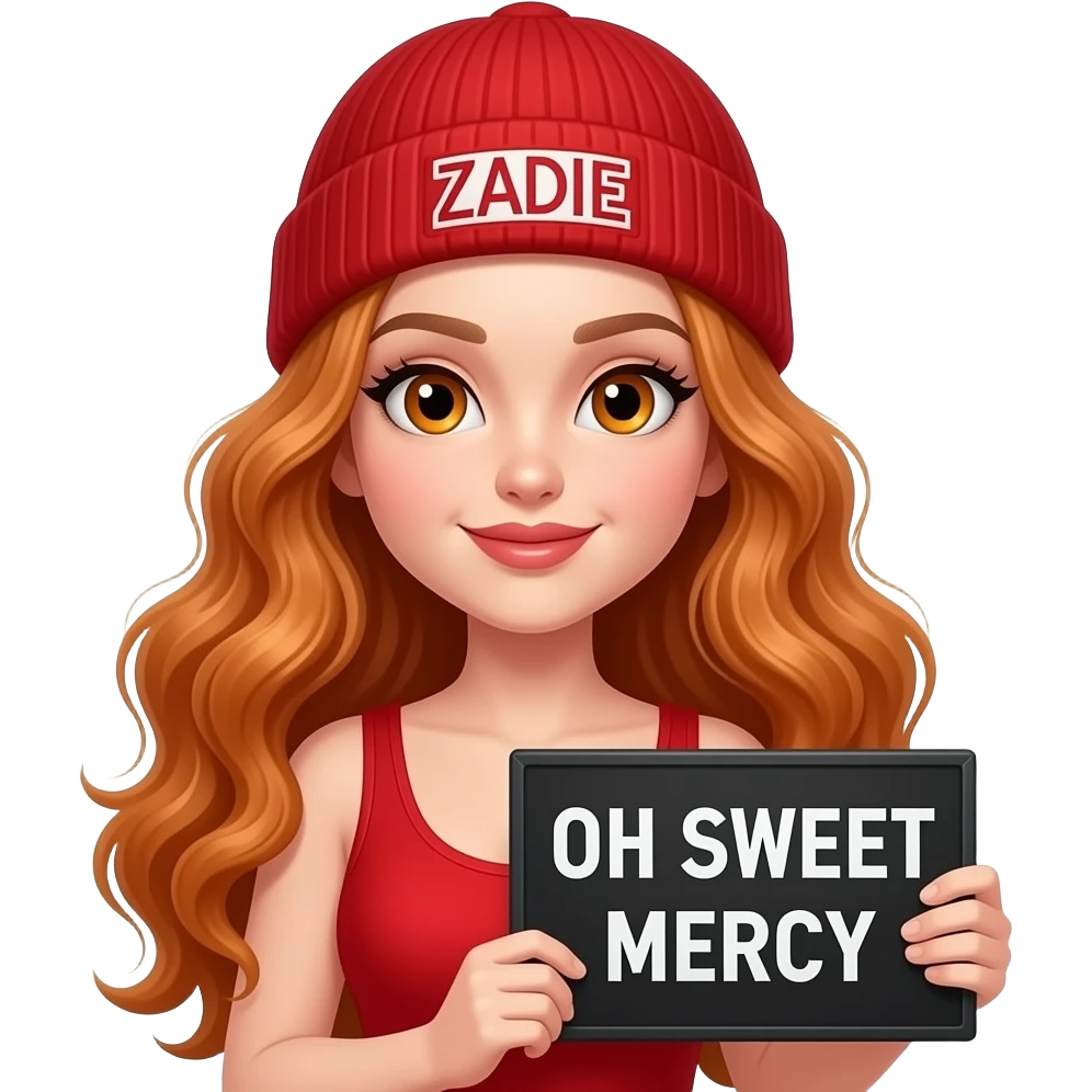 sexy girl with overlong wavy ginger hair and ginger eyes wearing a red tanktop and a red beanie with ZADIE written on it, is holding a black sign with OH SWEET MERCY written on it emoji