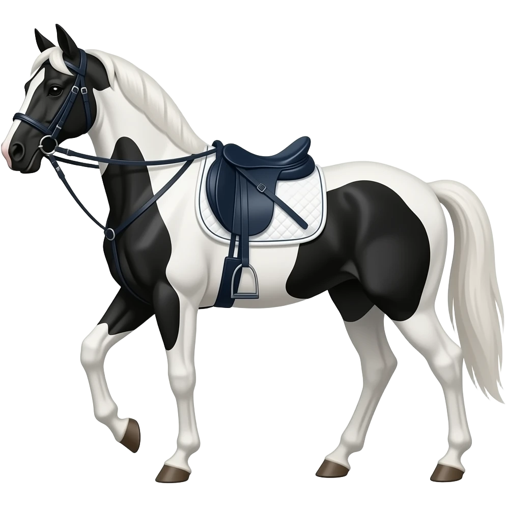 an Arabian black and white paint horse with dark blue English tack doing dressage and  very collected emoji