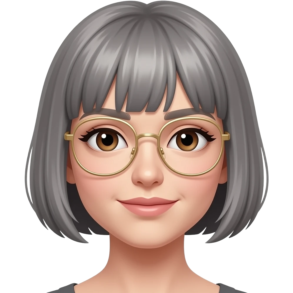 female, bob cut salt and pepper hair, no bangs, gold wire-rimmed eyeglasses, round jawline, chocolate brown eyes emoji