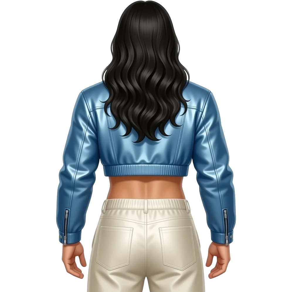 Kevin Richardson from behind with long black hair, icy blue metallic jacket crop top, ivory metallic baggy pants, shirtless emoji