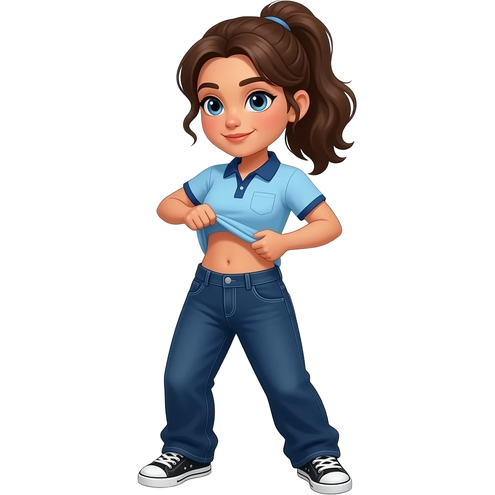Hispanic girl with brown ponytail and blue eyes light blue dark blue lined polo and dark blue baggy jeans and belly button and black and white sneakers lifting her shirt funny belly trick emoji