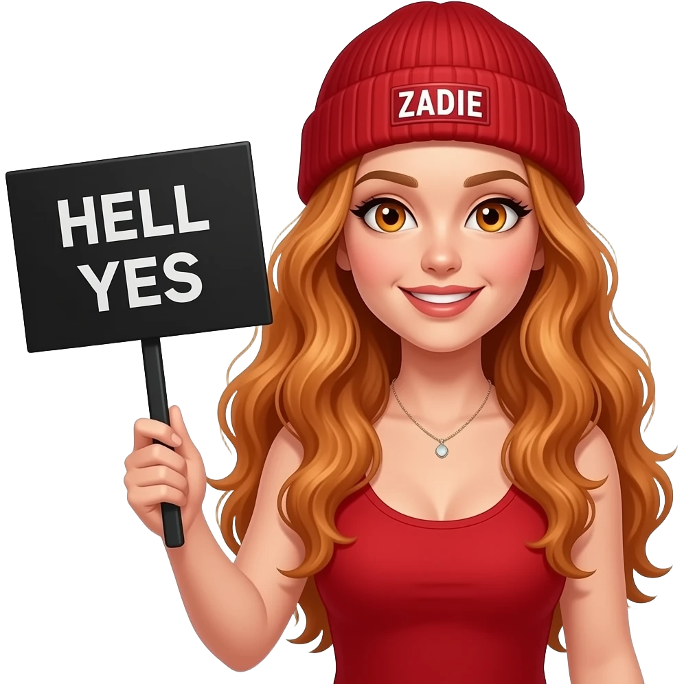 sexy girl with overlong wavy ginger hair and ginger eyes wearing a red tanktop and a red beanie with ZADIE written on it, is holding a black sign with HELL YES written on it emoji