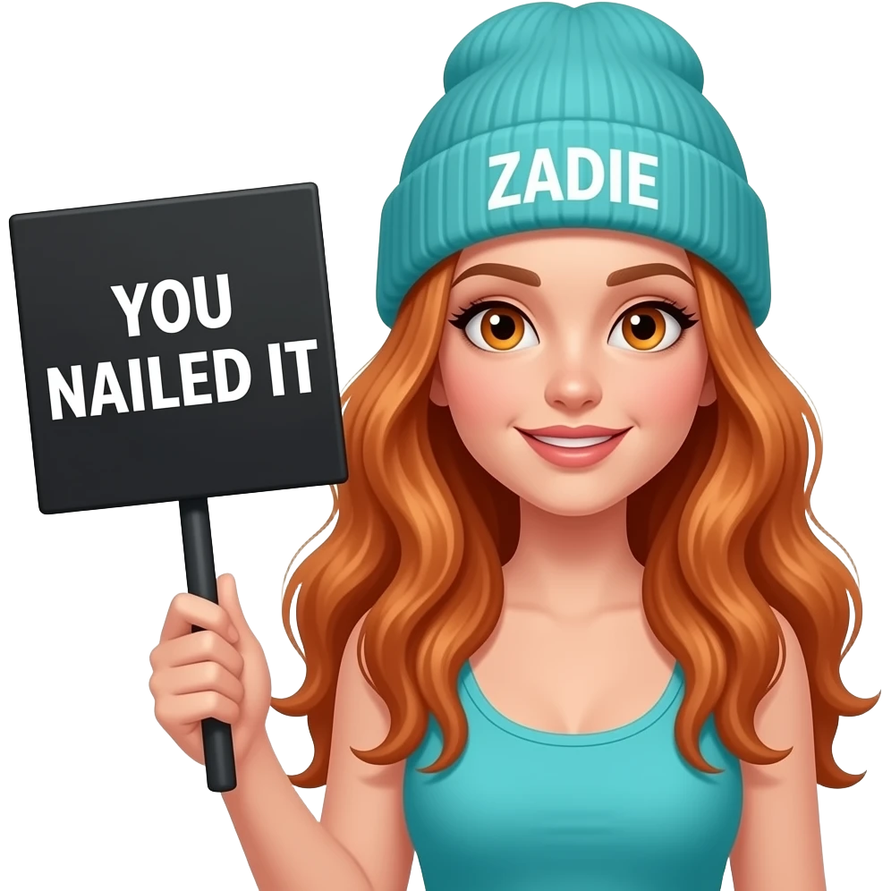 sexy girl with overlong wavy ginger hair and ginger eyes wearing a turquoise tanktop and a turquoise beanie with ZADIE written on it, is holding a black sign with YOU NAILED IT written on it emoji