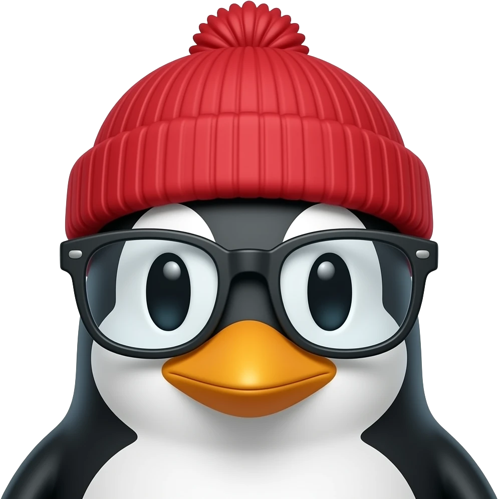Penguin with a red beanie and glassess just face emoji