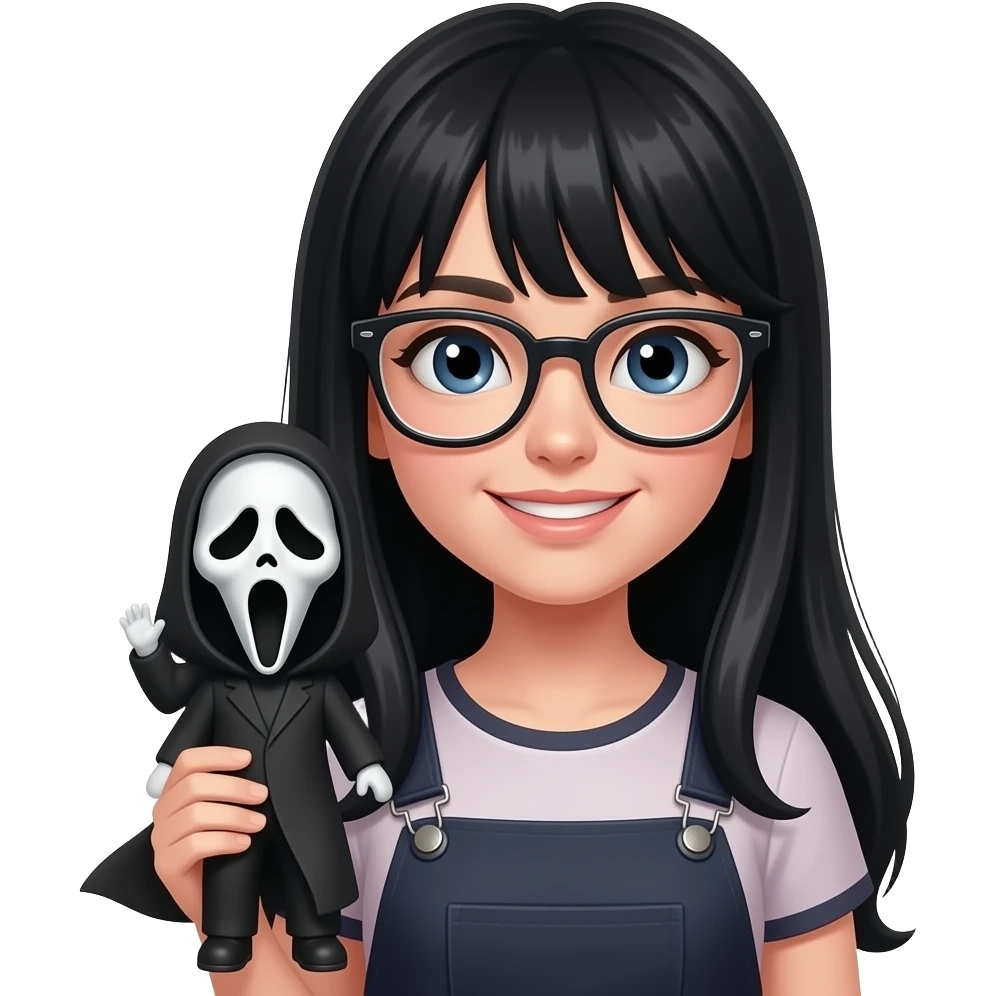 Girl with long black hair and glasses with Ghostface doll emoji