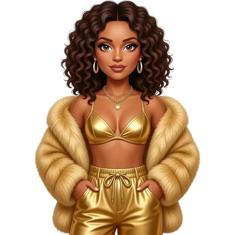 Mel B from Spice Girls with brown eyes, dark brown curly hair, gold fur shawl, gold metallic bra, gold metallic baggy pants, necklace and earrings emoji