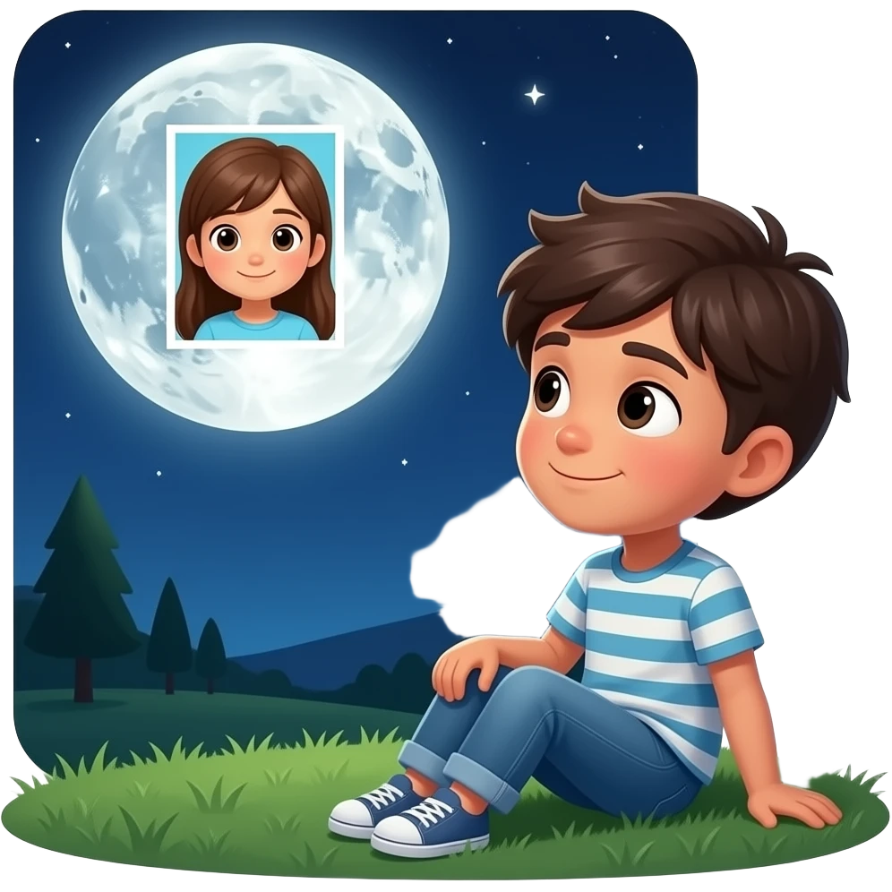 একটি ছেলে জোসনা রাতে চাঁদের নিচে বসে চাঁদের দিকে তাকিয়ে আছে চাঁদের মধ্যে একটি মেয়ের ছবি দেখা যাচ্ছে  fame:9:16 emoji