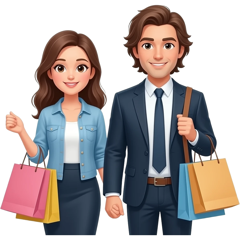 Jeune Couple riche avec homme aux cheveux mi long qui font les magasins en ville emoji