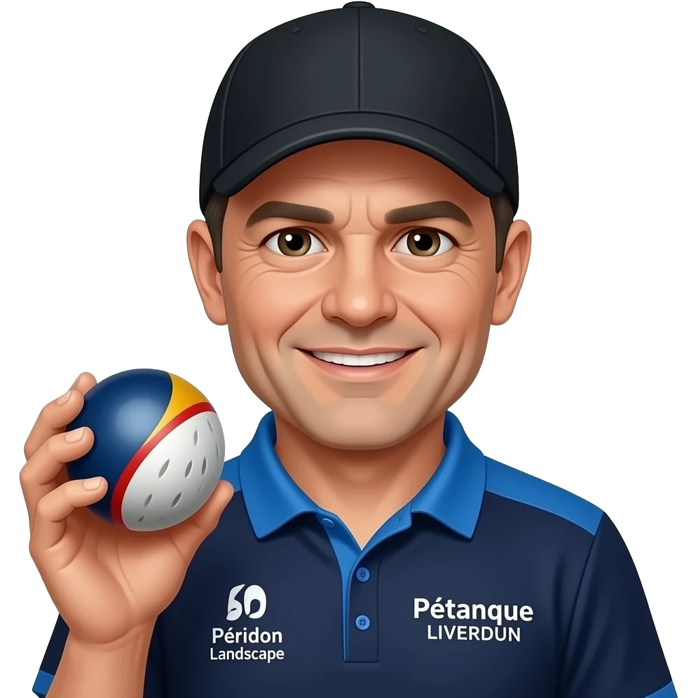 tête homme 50 ans sous casquette noire avec boule de pétanque sur maillot bleu foncé avec col trois boutons bleu clair épaules bleu clair coté droit Pétanque LIVERDUN, côté gauche "Péridon Paysage" emoji