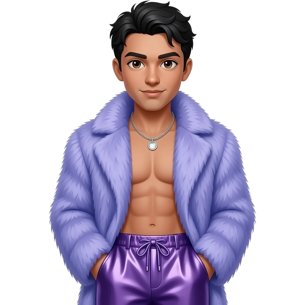 Gale Harold with fair skin, brown eyes, black hair, periwinkle fur coat, periwinkle metallic baggy pants, shirtless with necklace emoji