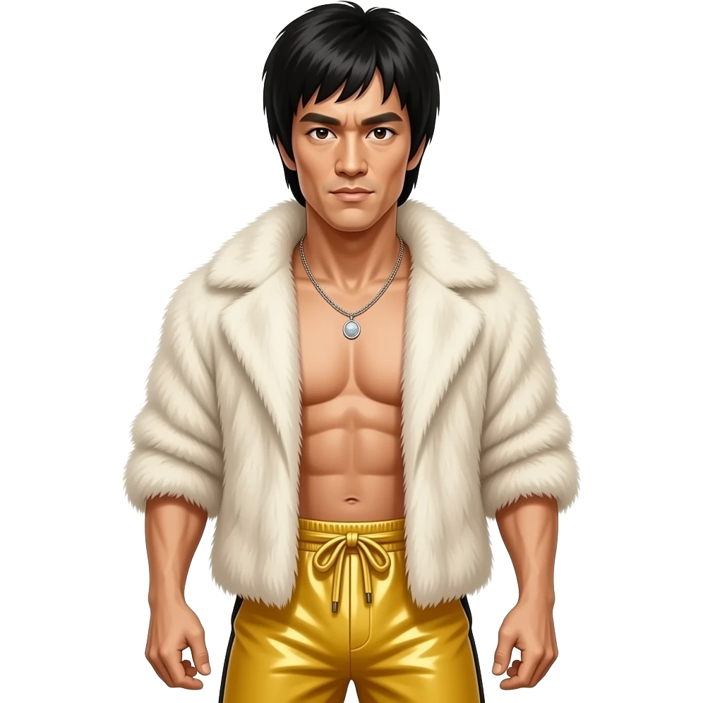 Bruce Lee with brown eyes, black hair, ivory fur shawl, yellow metallic baggy pants, shirtless with necklace emoji