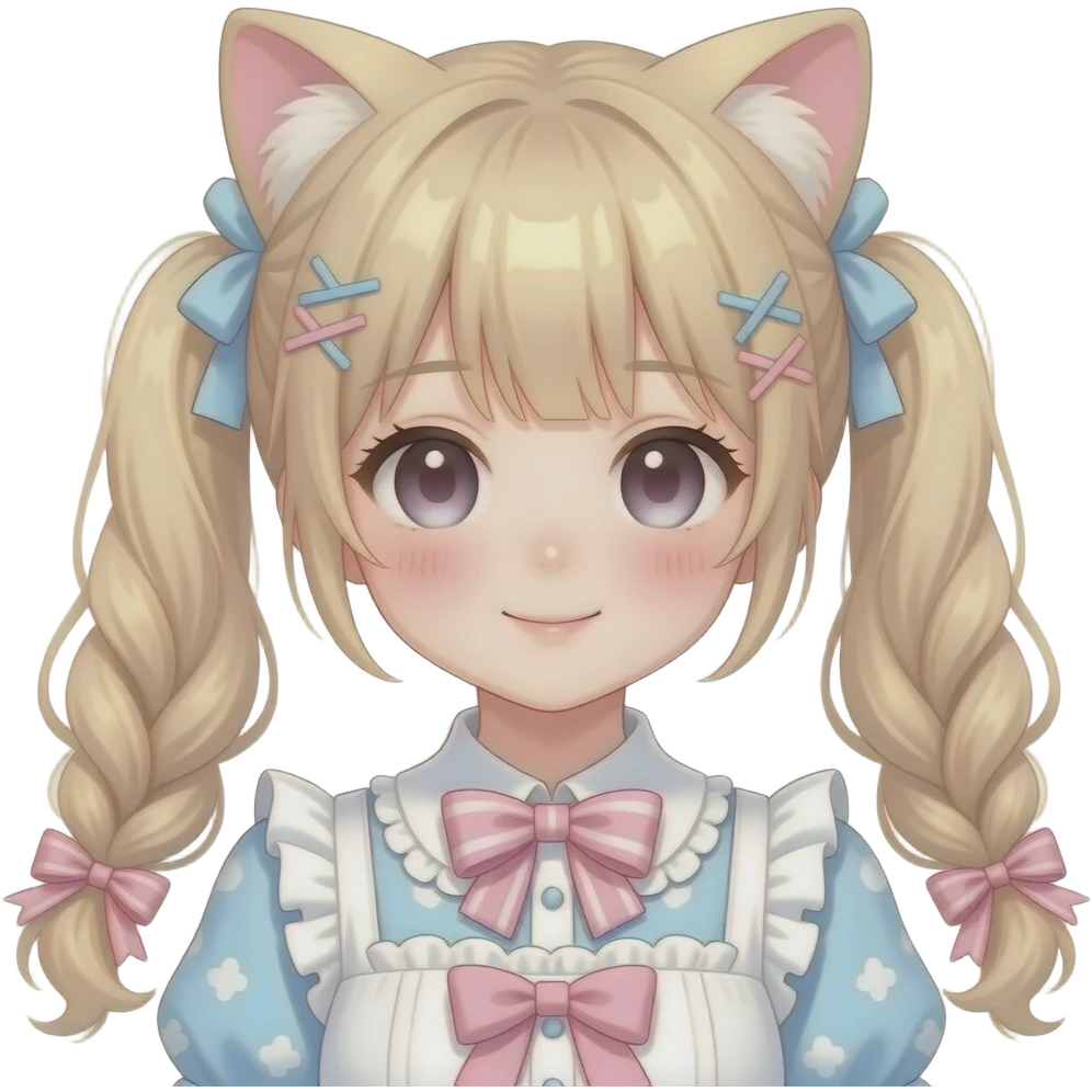 Japanese pale woman with shiny blushing cute kawaii pastel lolita anime catgirl pigtails trending style cottagecore pastelcore emoji