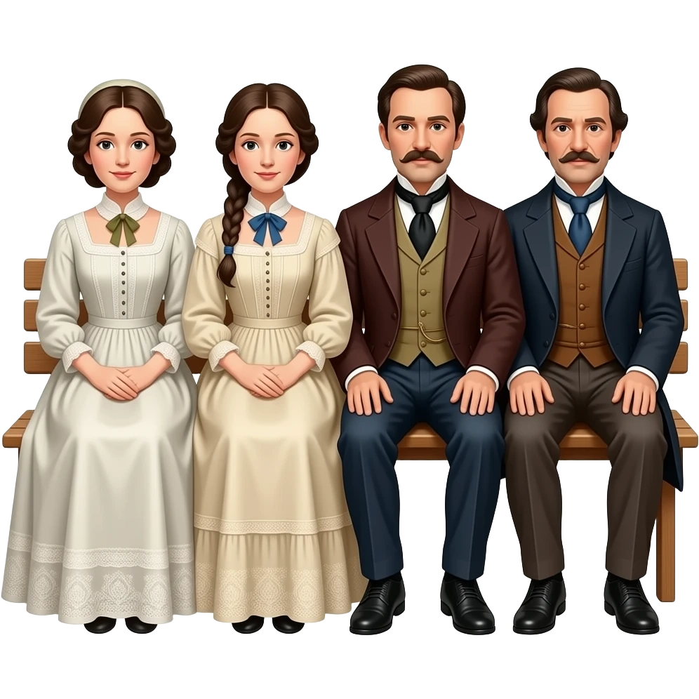 two mothers and two fathers depicted in sitting poses as in daguerreotypes posing in vintage civilian clothes emoji