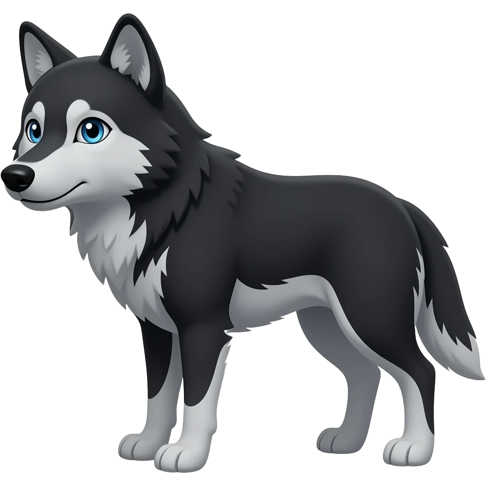 black wolf with blue eyes and greyish white markings over the left eye around the eye,  and a light grey patch on the torso and tail emoji