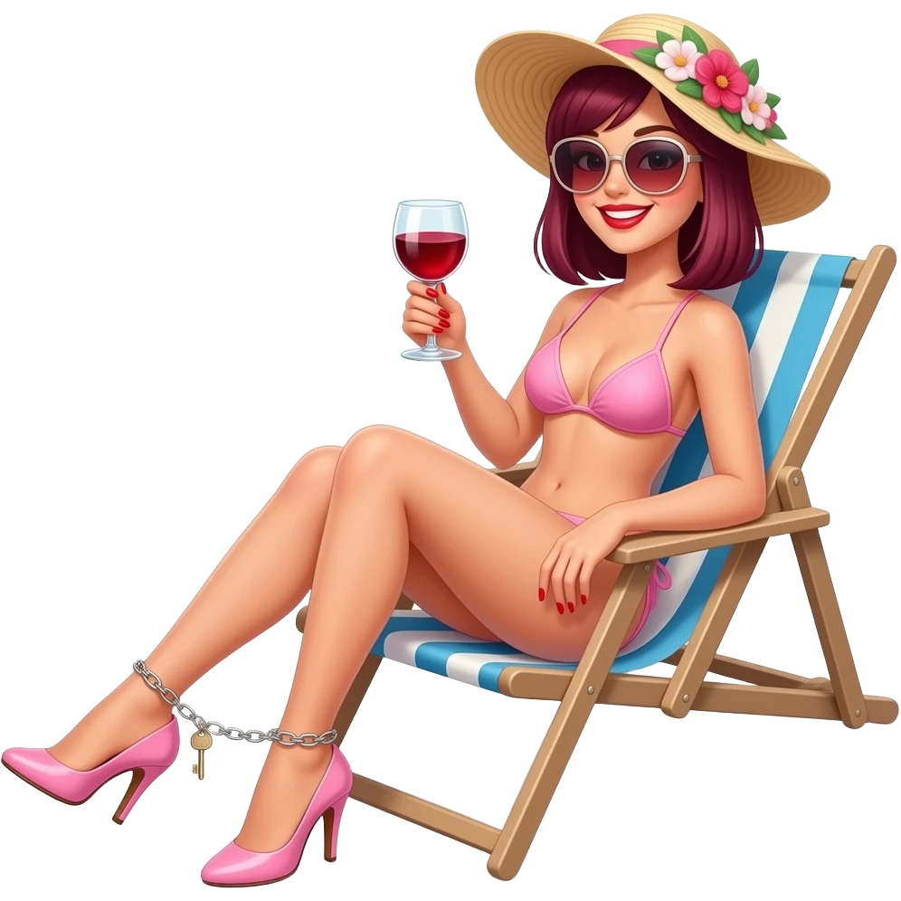 Woman. Burgundy, straight shoulder-length hair, sitting on a sun lounger. baby pink strappy bikini. very high fetish stiletto heels. bright red lipstick. bright red nail polish. smiling. Ankle chain with small key dangling off. glass of red wine in one hand. flowery sun hat. large sunglasses. emoji