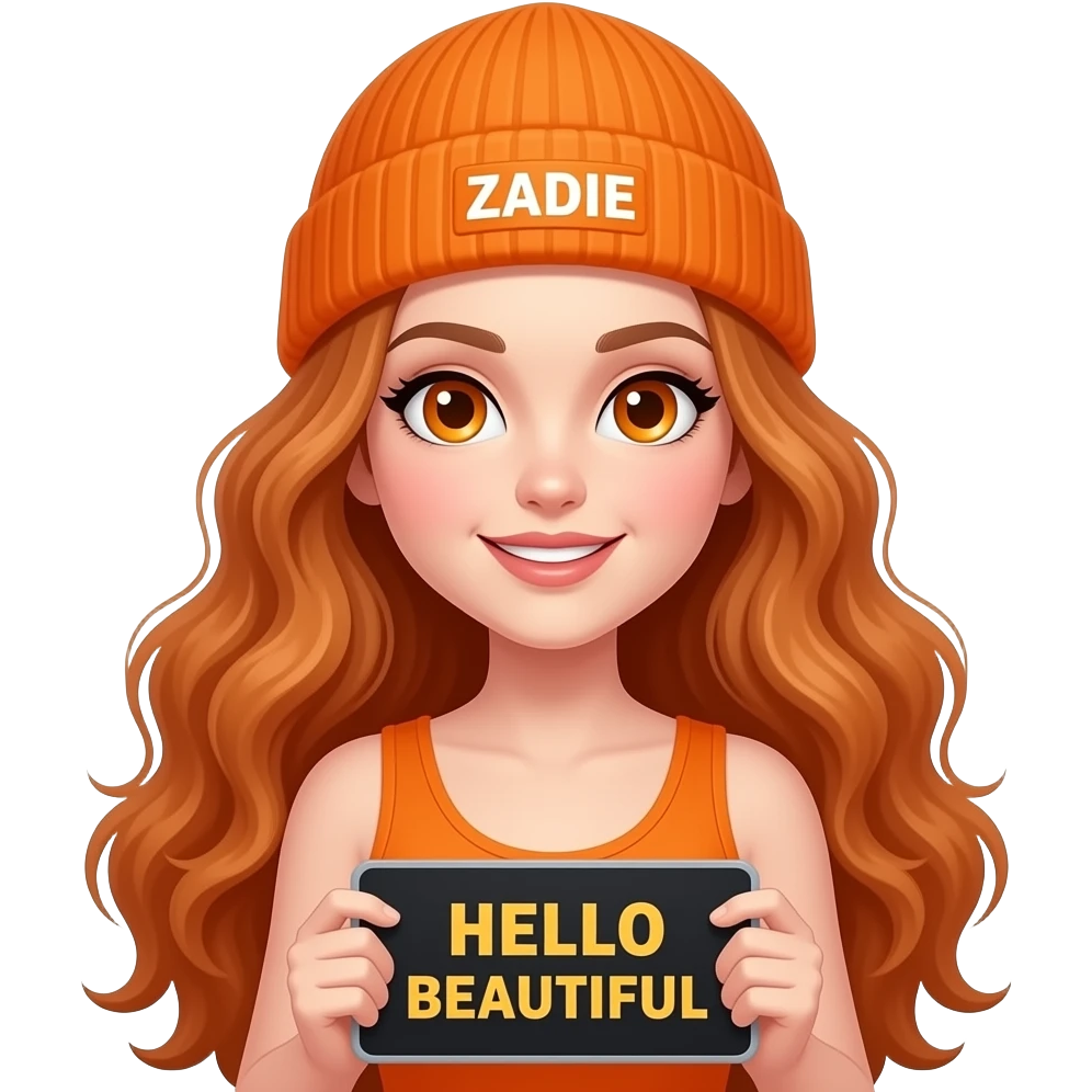 sexy girl with overlong wavy ginger hair and ginger eyes wearing a orange tanktop and a orange beanie with ZADIE written on it, is holding a black sign with HELLO BEAUTIFUL written on it emoji
