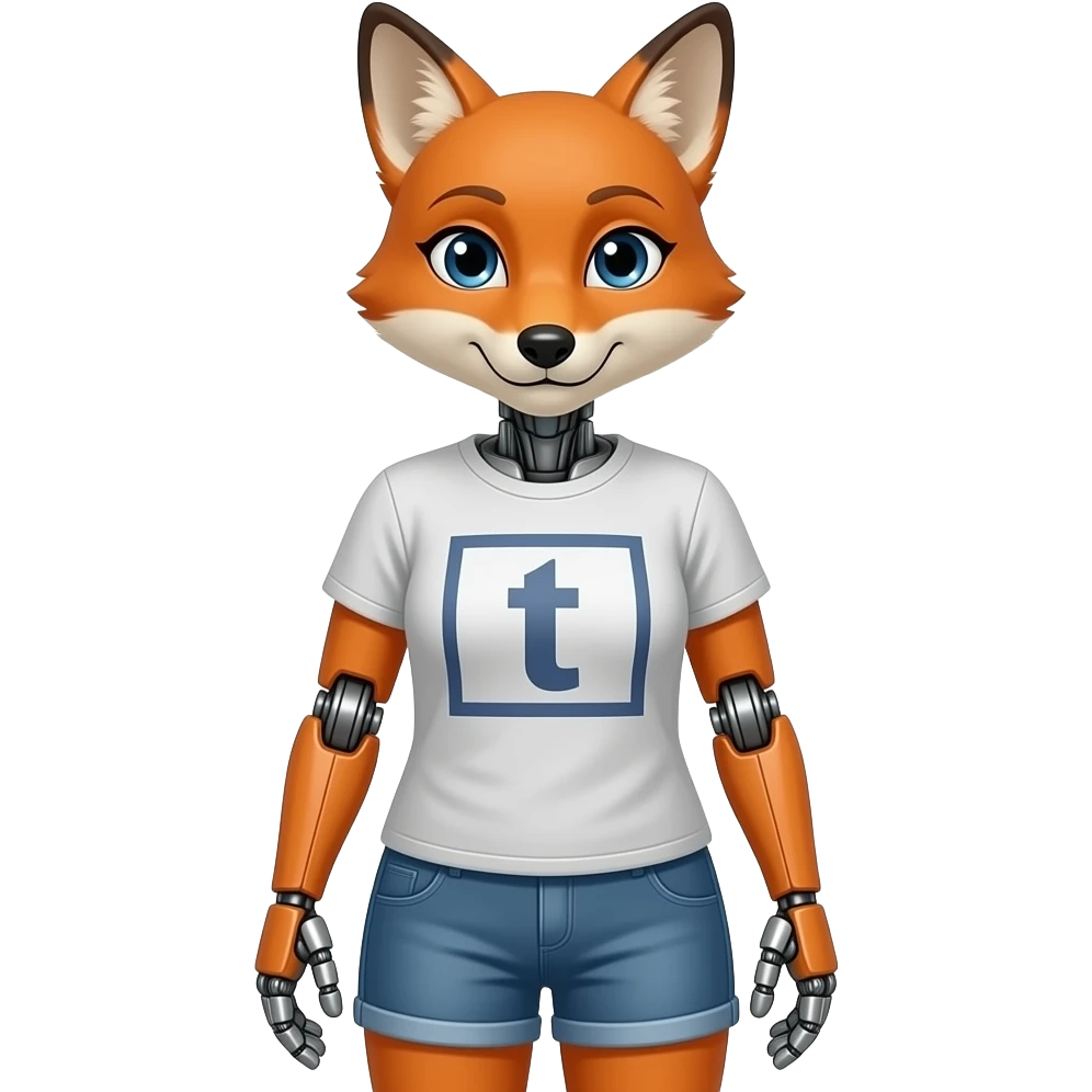 A humanoid robot female fox wearing a tee shirt and shorts emoji
