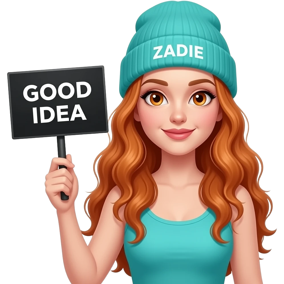 sexy girl with overlong wavy ginger hair and ginger eyes wearing a turquoise tanktop and a turquoise beanie with ZADIE written on it, is holding a black sign with GOOD IDEA written on it emoji