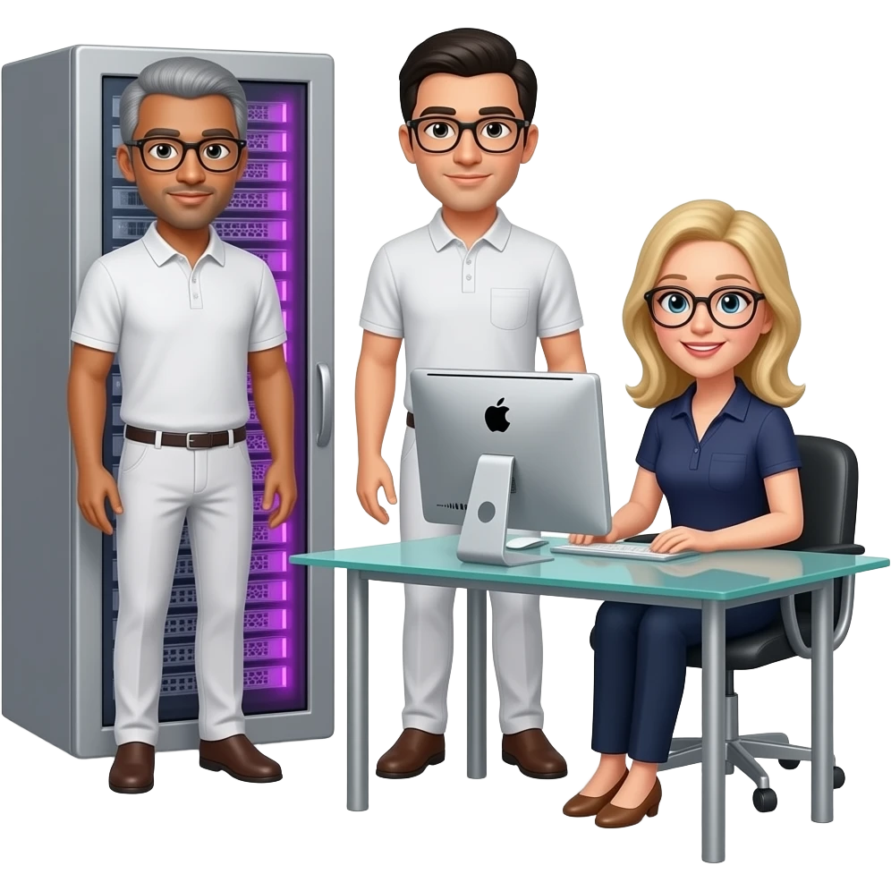 background is a silver server cabinet with purple backlighting, in the foreground is a glass table and an imac computer, two men with glasses are standing, one has gray hair, the other has black hair, dressed in white trousers and a polo shirt, a blonde girl with glasses is sitting at the table, emoji