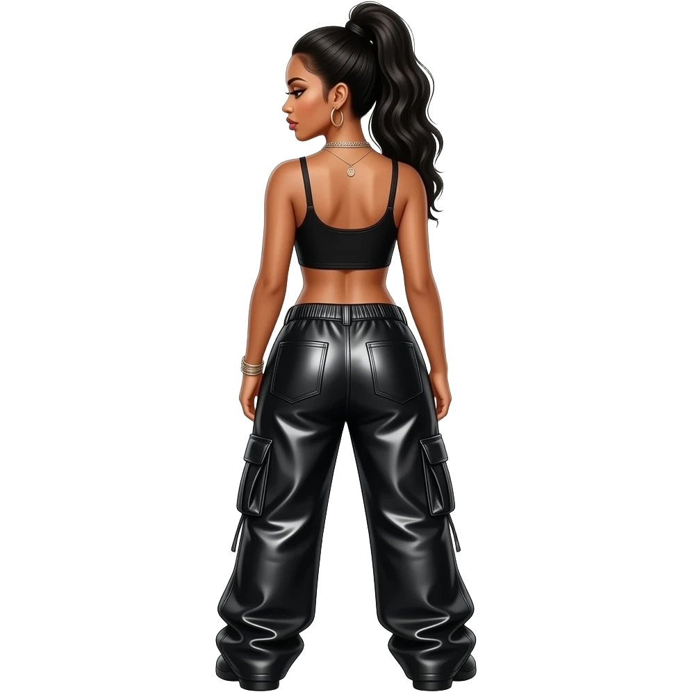 Aaliyah from behind with black metallic baggy pants, necklace and earrings emoji