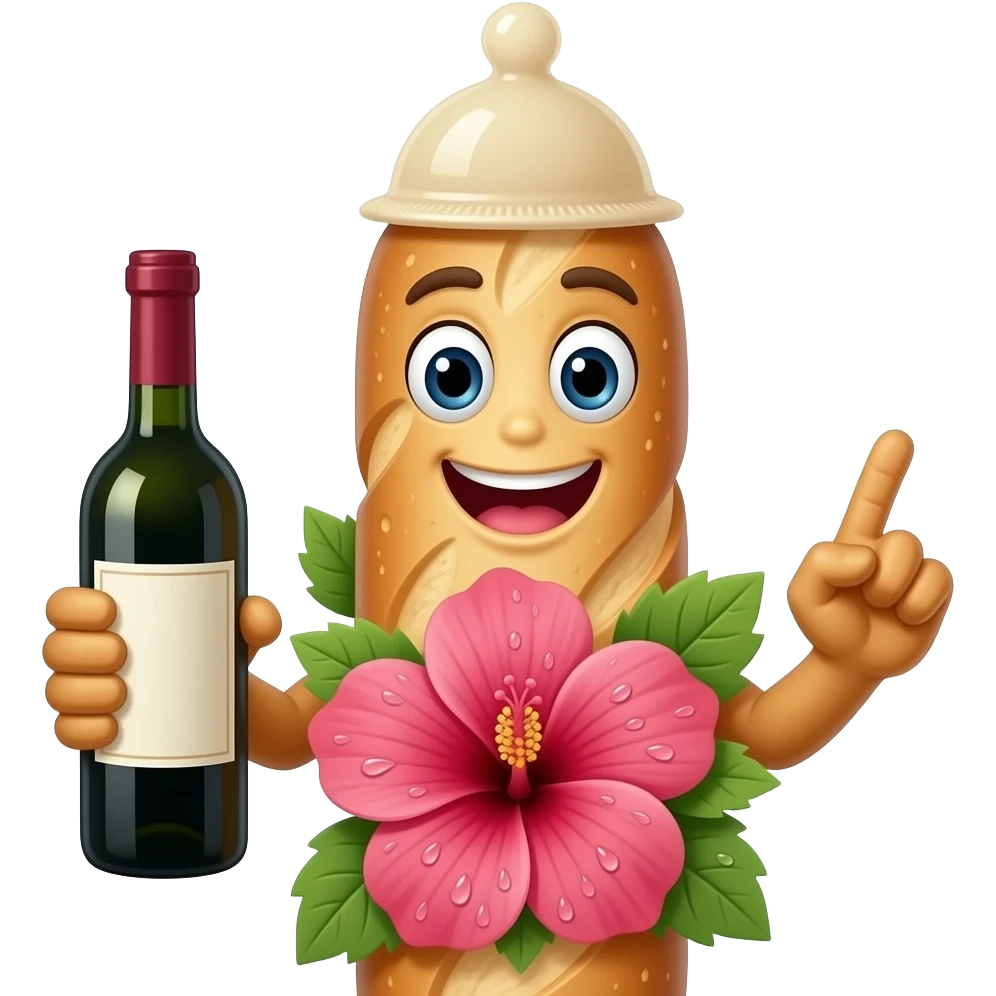 Baguette avec bouche yeux et bras, avec un preservatif sur le haut de la tete et une bouteille de vin dans la main. L'autre main a 2 doigts tendus et collés touchant le centre d'un hibiscus qui a beaucoup de gouttes d'eau sur les petales. Le bout du preservatif est rempli d'un liquide blanc emoji