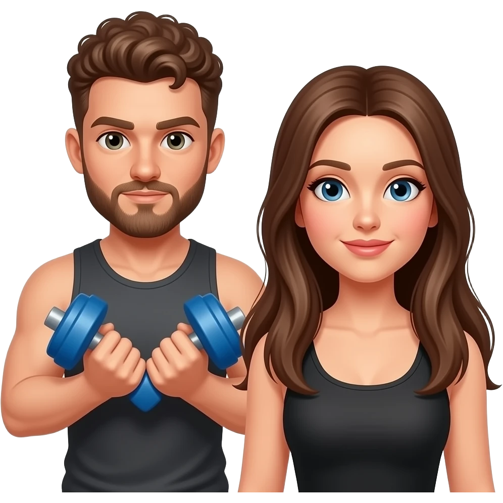 Realistic white man brown super short curly hair with beard working out with realistic white woman brown long straight hair emoji